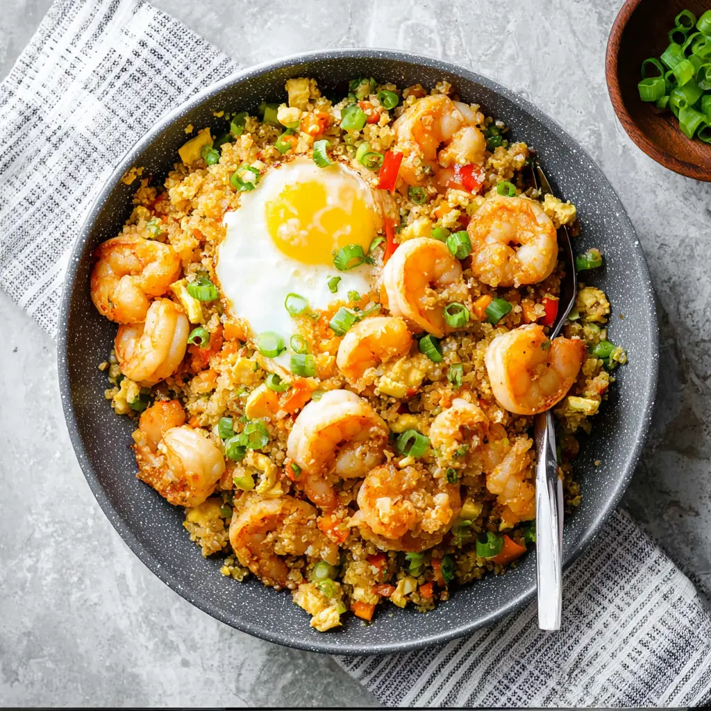 High Protein Shrimp Fried Cauliflower Rice recipe, served and ready to eat, easy homemade dinner