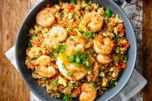 High Protein Shrimp Fried Rice Cauliflower recipe, served and ready to eat, easy homemade dinner