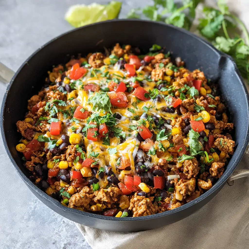 High Protein Skillet Turkey Taco Bowl recipe, served and ready to eat, easy homemade dinner