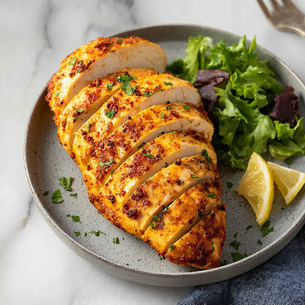 Juicy Air Fryer Chicken Breast No Breading recipe, served and ready to eat, easy homemade dinner
