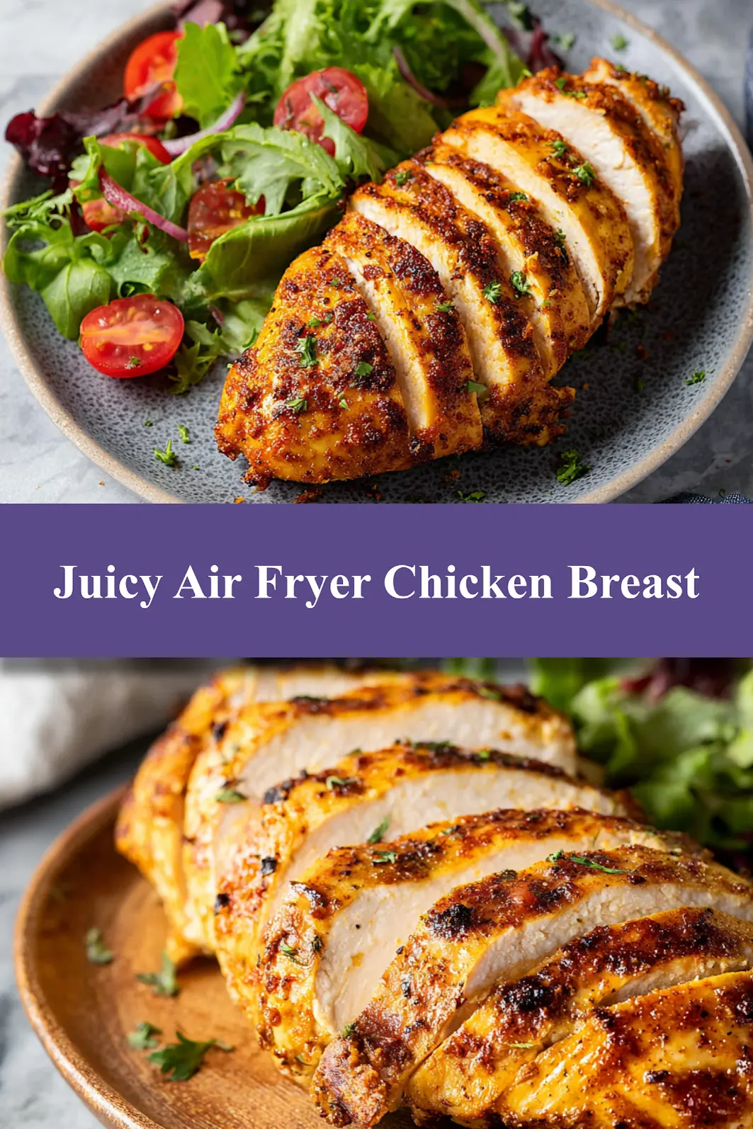 Juicy Air Fryer Chicken Breast No Breading recipe, served and ready to eat, easy homemade dinner