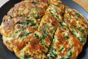 KOREAN GARLIC CHIVE PANCAKES recipe, served and ready to eat, easy homemade dinner