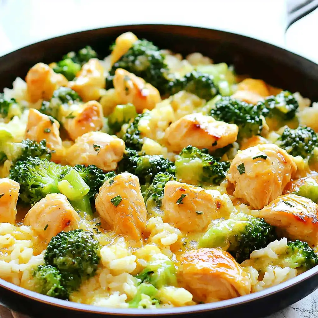One pan chicken rice broccoli served and ready to eat, easy homemade dinner with melted cheese