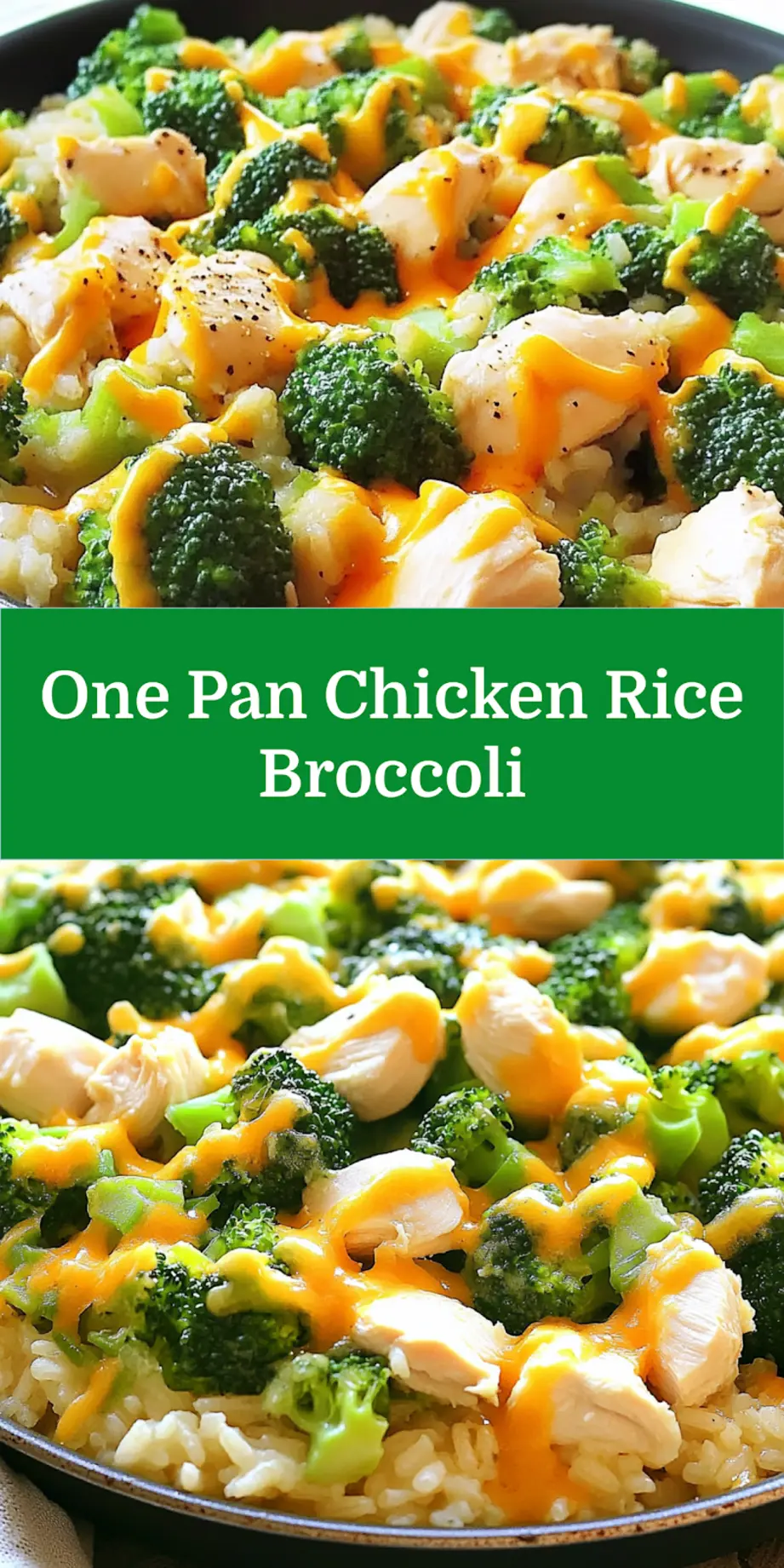 One pan chicken rice broccoli recipe served and ready to eat, easy homemade dinner pin