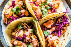 SLOW COOKER CHICKEN TACOS recipe, served and ready to eat, easy homemade dinner