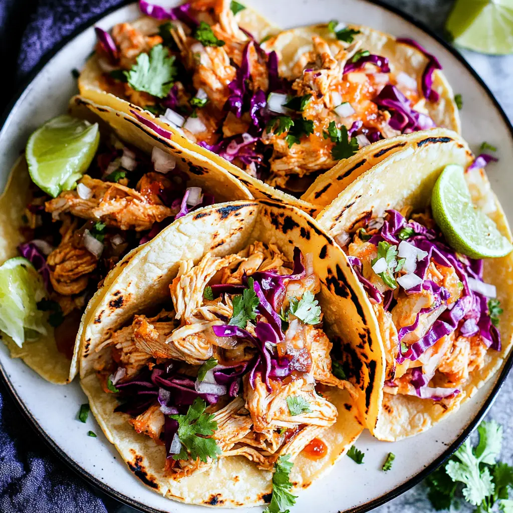 Slow Cooker Chicken Tacos Comforting and Simple for Dinner 6 Slow Cooker Chicken Tacos served and ready to eat with fresh slaw and avocado
