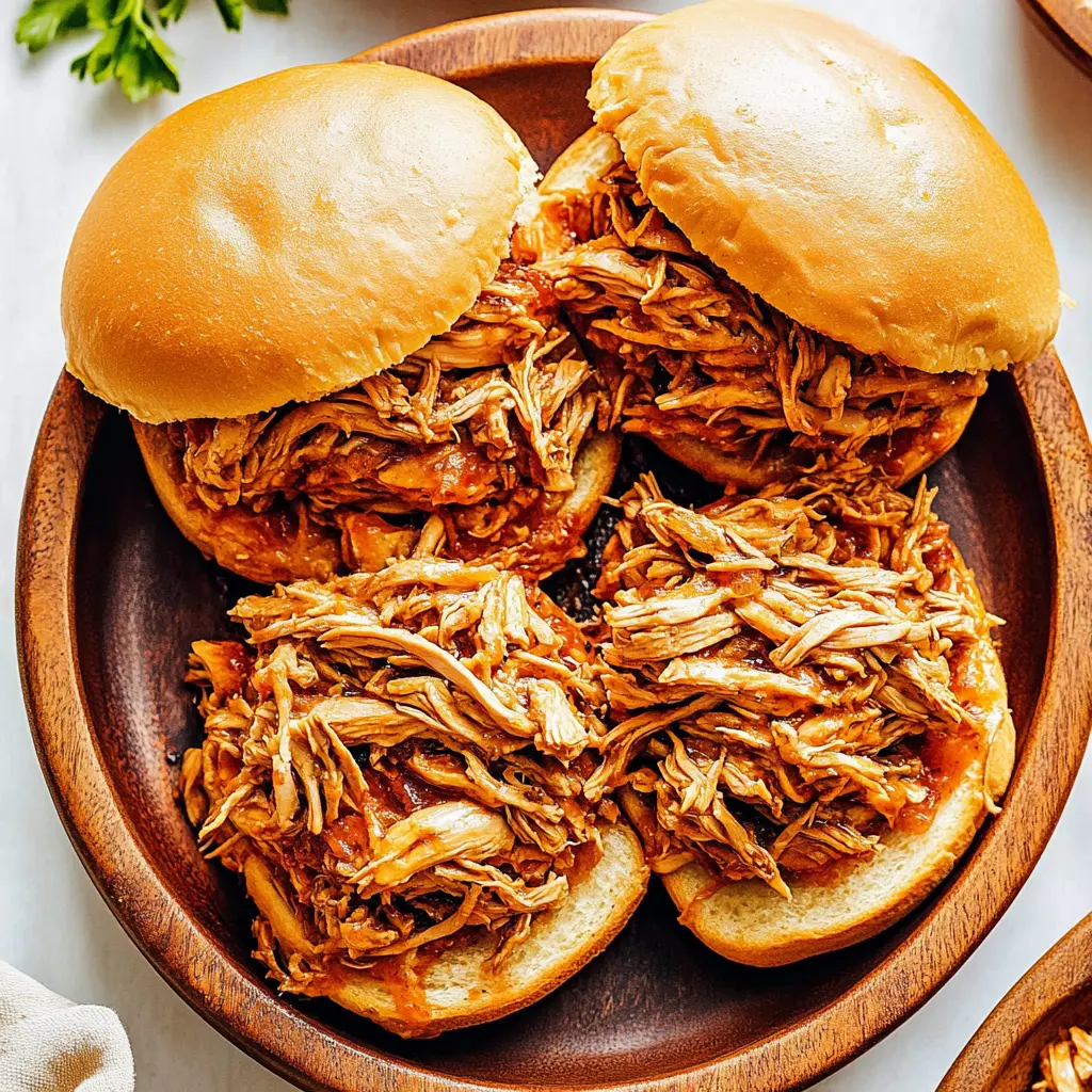 Slow Cooker Pulled Chicken Sandwiches Comforting and Easy 6 Slow cooker pulled chicken sandwiches served on soft buns, ready to eat for easy homemade dinner