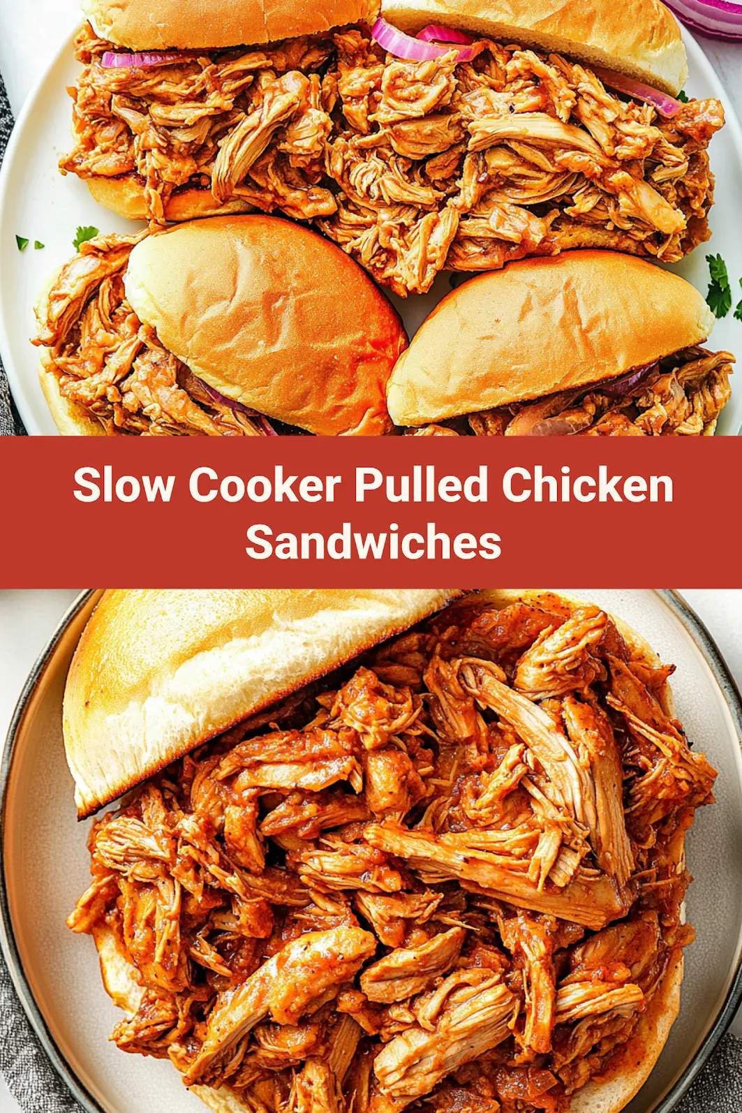 Slow Cooker Pulled Chicken Sandwiches Comforting and Easy 7 Slow cooker pulled chicken sandwiches recipe pinnable image, served and ready to eat for easy homemade dinner