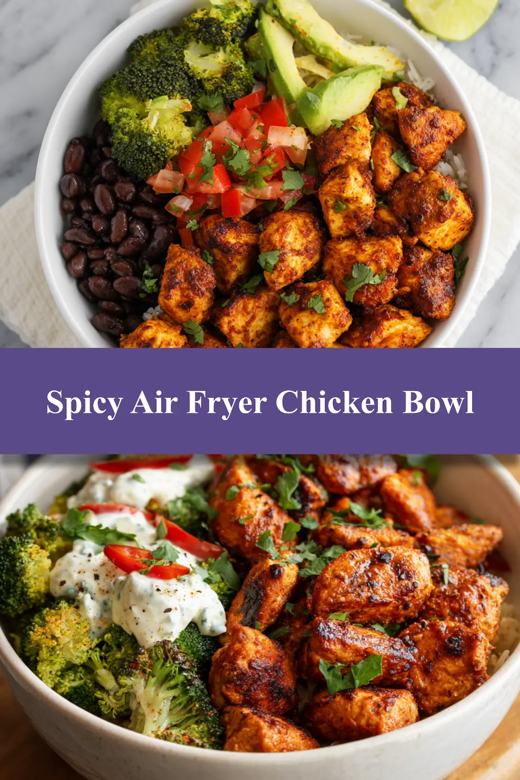 Spicy Air Fryer Chicken Bowl recipe, served and ready to eat, easy homemade dinner