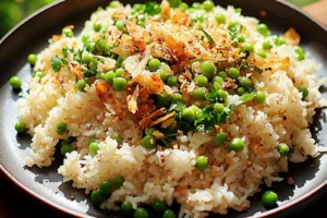 SPRING PEA PULAO RICE CRISPY SHALLOTS recipe, served and ready to eat, easy homemade dinner