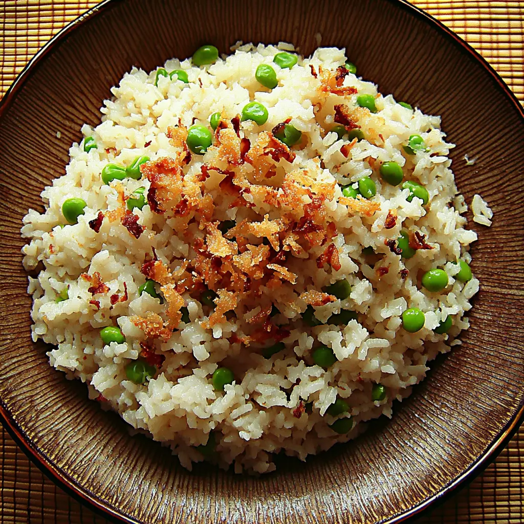 Spring Pea Pulao Rice with Crispy Shallots served in a bowl, ready to eat