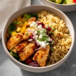 Air Fryer Chicken Power Bowl Quinoa recipe, served and ready to eat, easy homemade dish