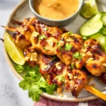 Air Fryer Chicken Satay Peanut Sauce recipe, served and ready to eat, easy homemade dish
