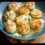 Air Fryer Scallops Garlic Butter recipe, served and ready to eat, easy homemade dish