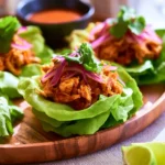 BBQ Pulled Chicken Lettuce Cups recipe, served and ready to eat, easy homemade dish