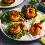 Honey Sriracha Shrimp Lettuce Wraps recipe, served and ready to eat, easy homemade dish