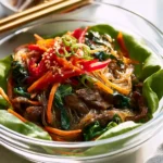 Japchae Beef Lettuce Cups recipe, served and ready to eat, easy homemade dish