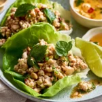 Thai Larb Chicken Lettuce Cups recipe, served and ready to eat, easy homemade dish