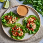 Thai Peanut Shrimp Lettuce Wraps recipe, served and ready to eat, easy homemade dish