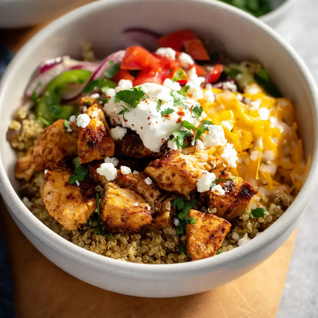 Air Fryer Chicken Power Bowl Quinoa recipe, served and ready to eat, easy homemade dish