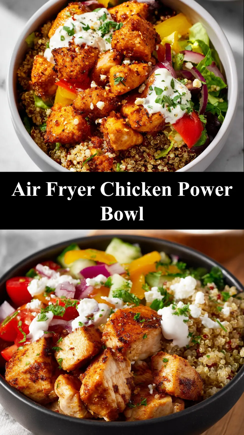 Air Fryer Chicken Power Bowl Quinoa recipe, served and ready to eat, easy homemade dish