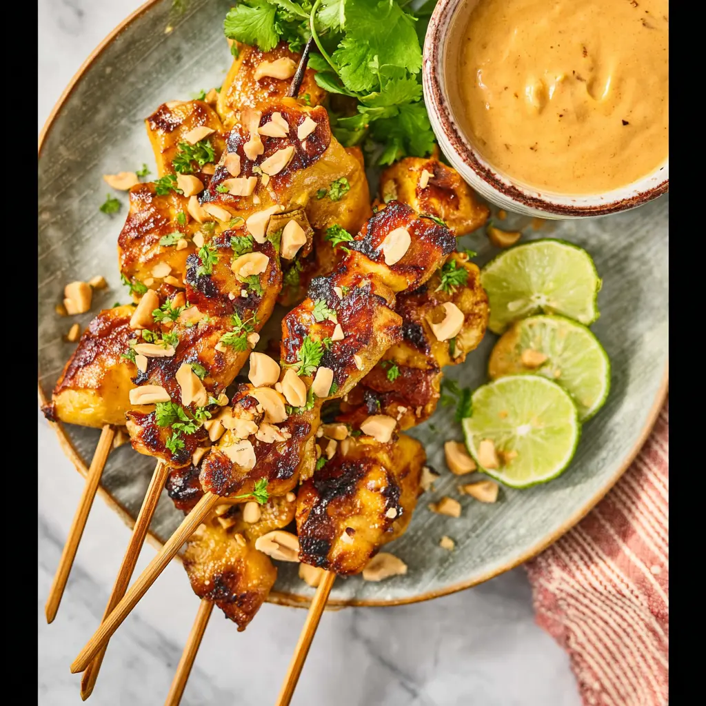 Air Fryer Chicken Satay with Peanut Sauce served on a plate, golden skewers ready to eat