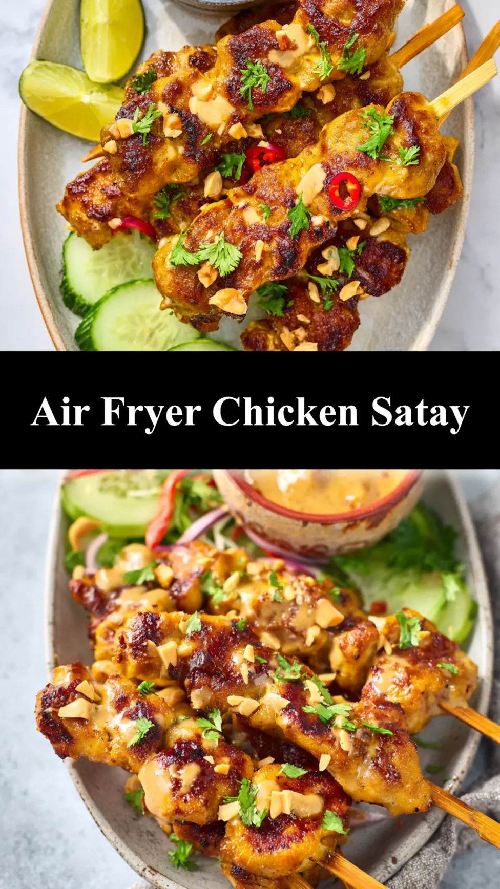 Air Fryer Chicken Satay with Peanut Sauce pin image, golden skewers served with creamy dipping sauce