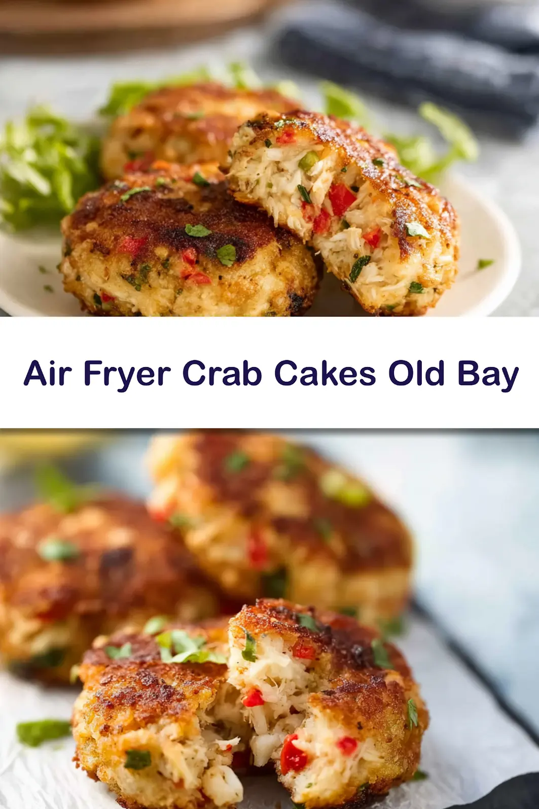 Air Fryer Crab Cakes Old Bay recipe, served and ready to eat, easy homemade dish_pin