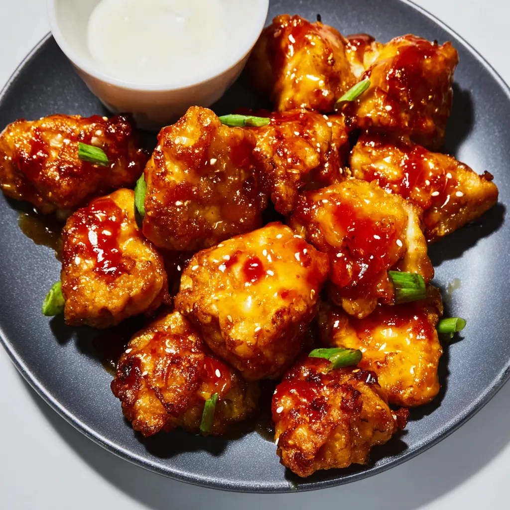 Air Fryer Honey Sriracha Chicken recipe, served and ready to eat, easy homemade dish