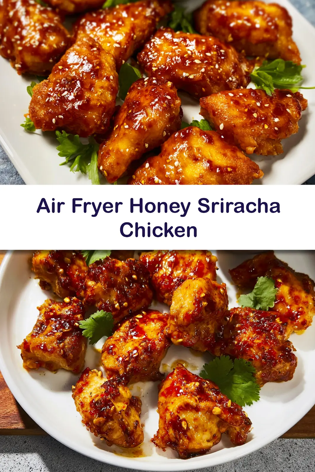 Air Fryer Honey Sriracha Chicken recipe, served and ready to eat, easy homemade dish_pin