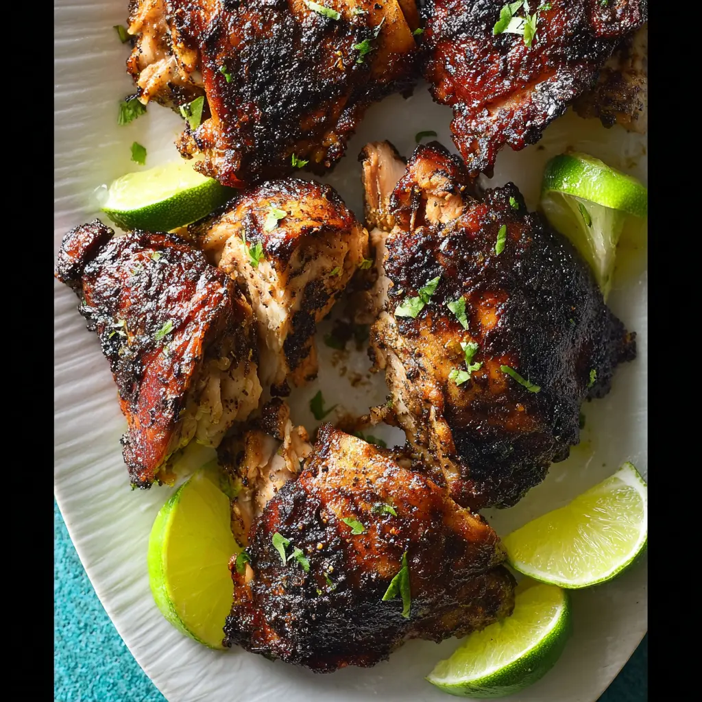 Air Fryer Jerk Chicken Thighs served and ready to eat, made in the air fryer with crispy skin and bold jerk flavor