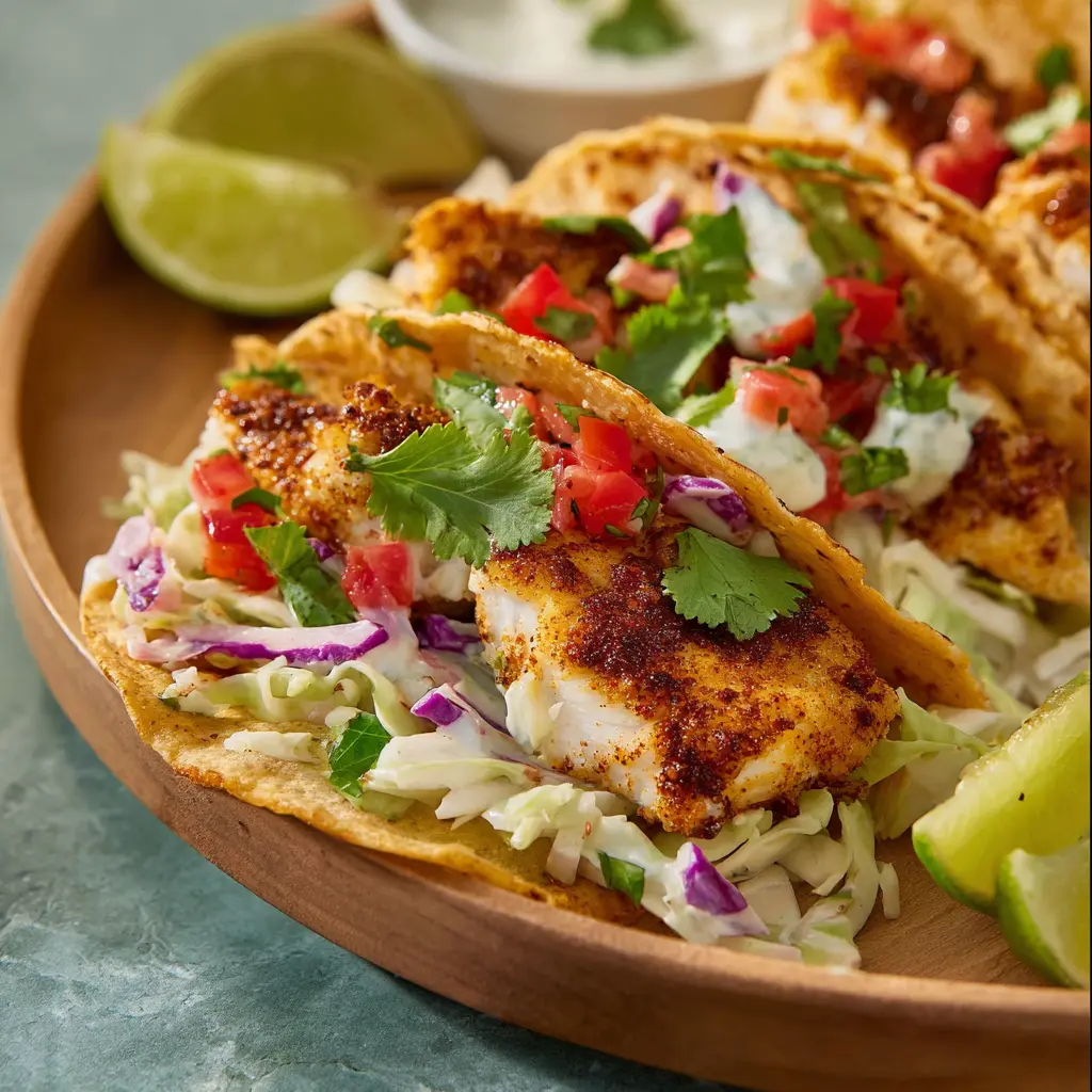 Air Fryer Mahi Mahi Tacos That Make Dinner Feel New and Satisfying 5 Air Fryer Mahi Mahi Tacos served in tortillas with cilantro lime slaw and a squeeze of fresh lime