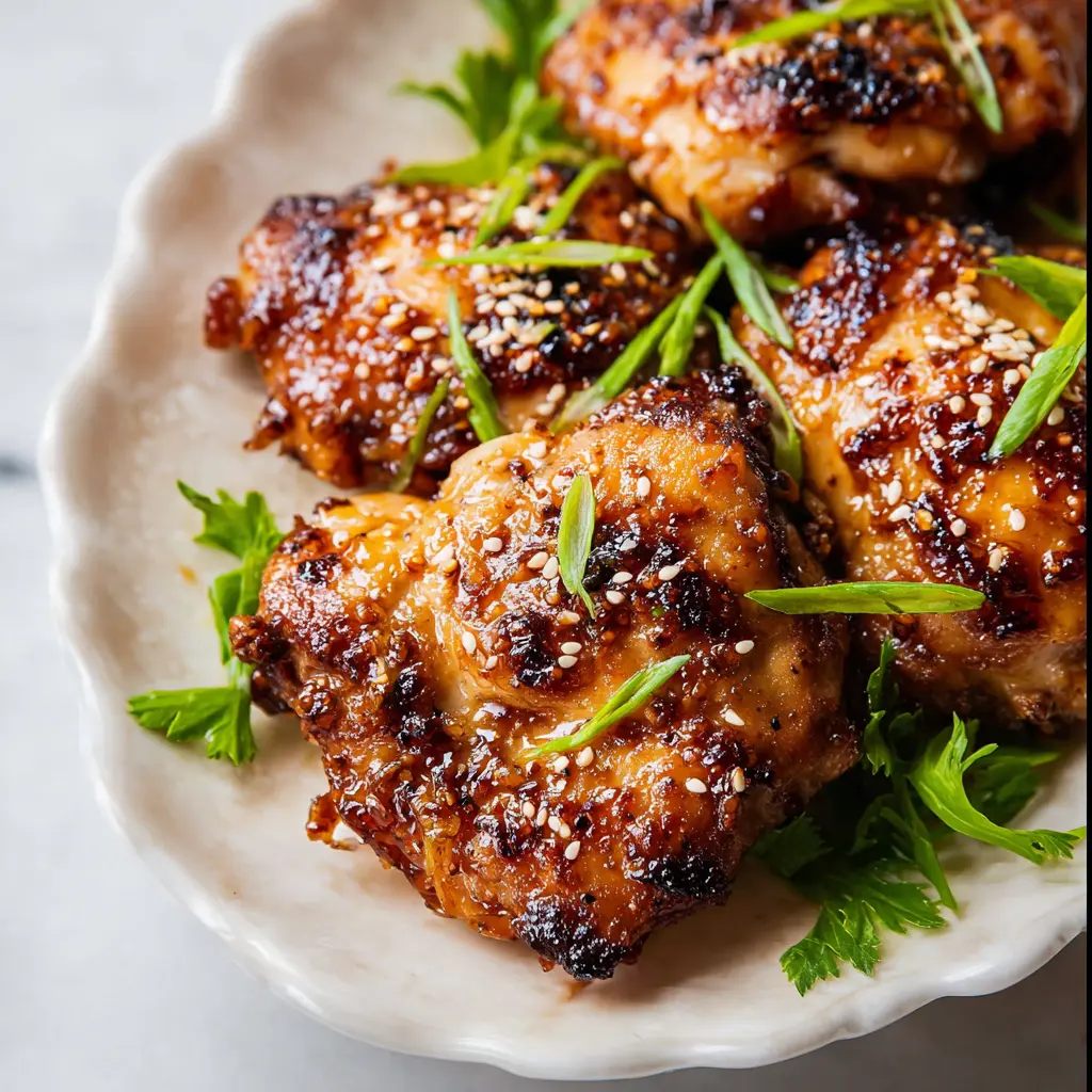Air Fryer Miso Glazed Chicken Thighs served and ready to eat, easy homemade dish