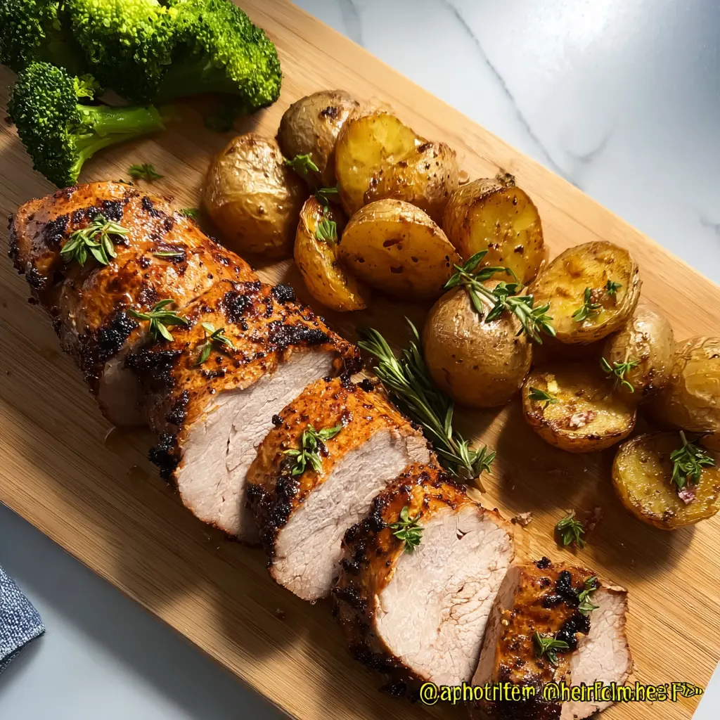 Air fryer pork tenderloin with herb spice rub, sliced and served on a cutting board