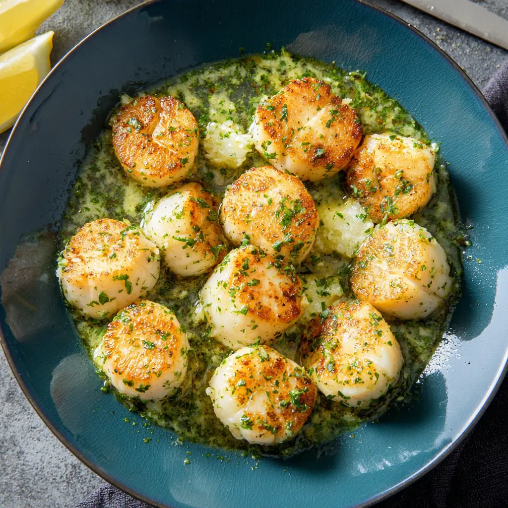 Air Fryer Scallops Garlic Butter recipe, served and ready to eat, easy homemade dish