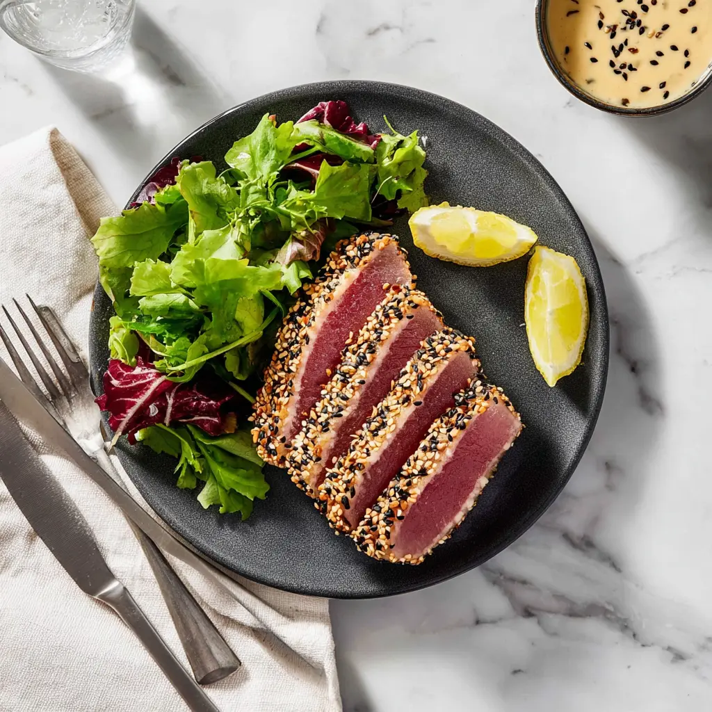 Air Fryer Tuna Steak Sesame recipe, served and ready to eat, easy homemade dish