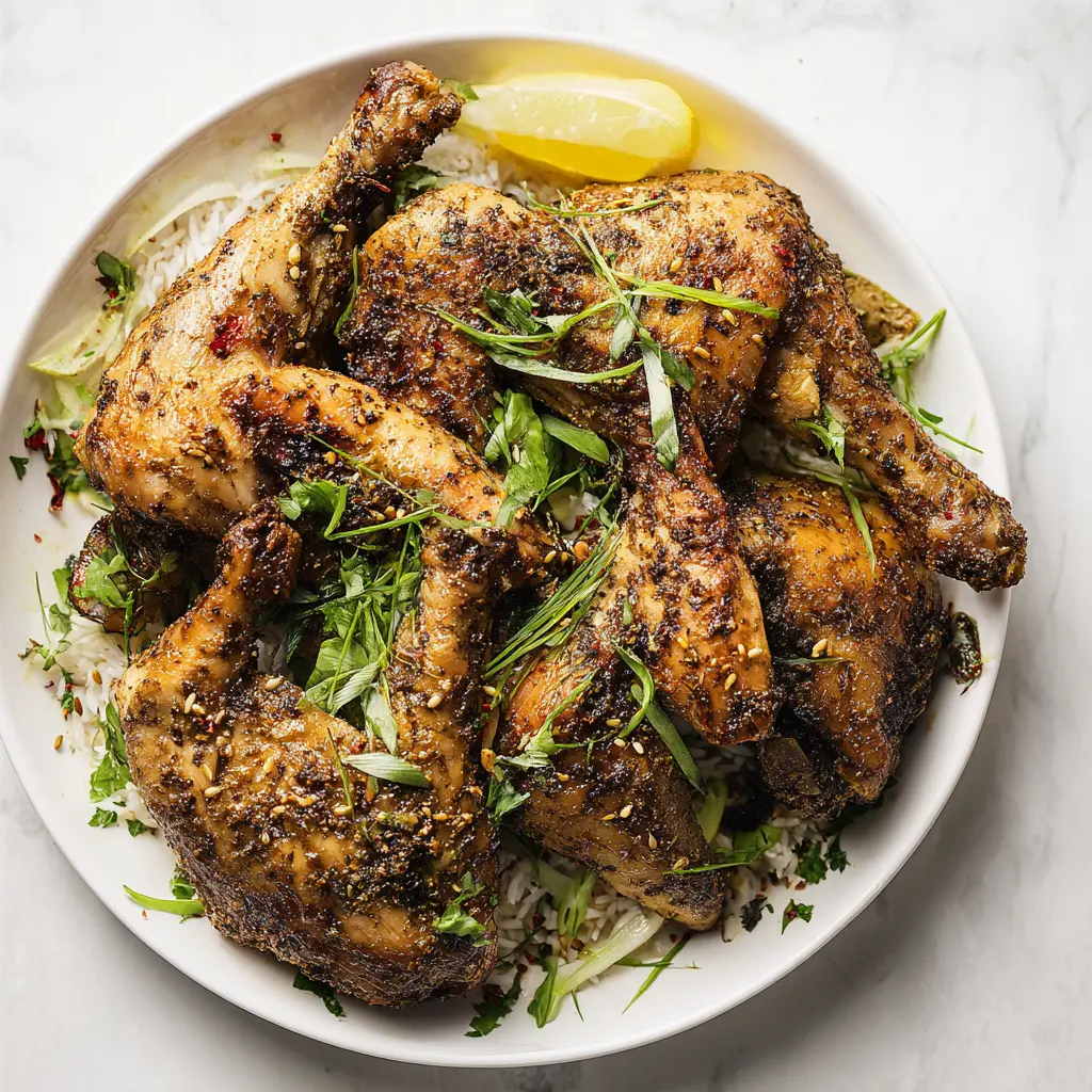 Air fryer za'atar chicken served and ready to eat, golden crispy skin with fresh coriander and lime