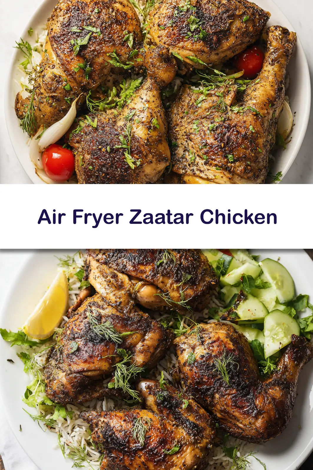 Air fryer za'atar chicken recipe pin  golden crispy spatchcock chicken with fresh coriander and lime