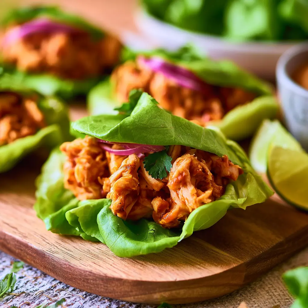 BBQ Pulled Chicken Lettuce Cups served and ready to eat, an easy homemade dish