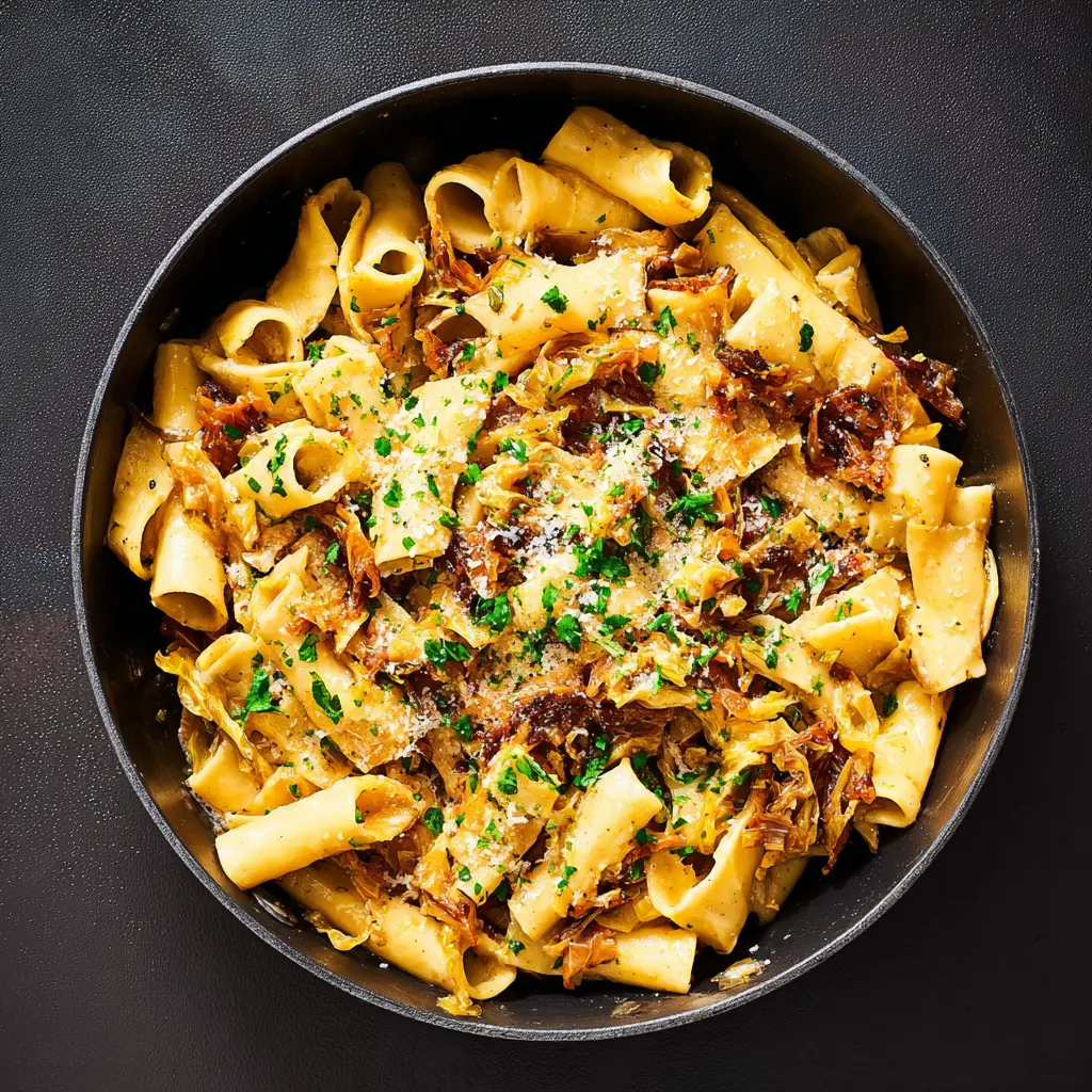 Caramelized cabbage butter pasta served in a bowl, ready to eat