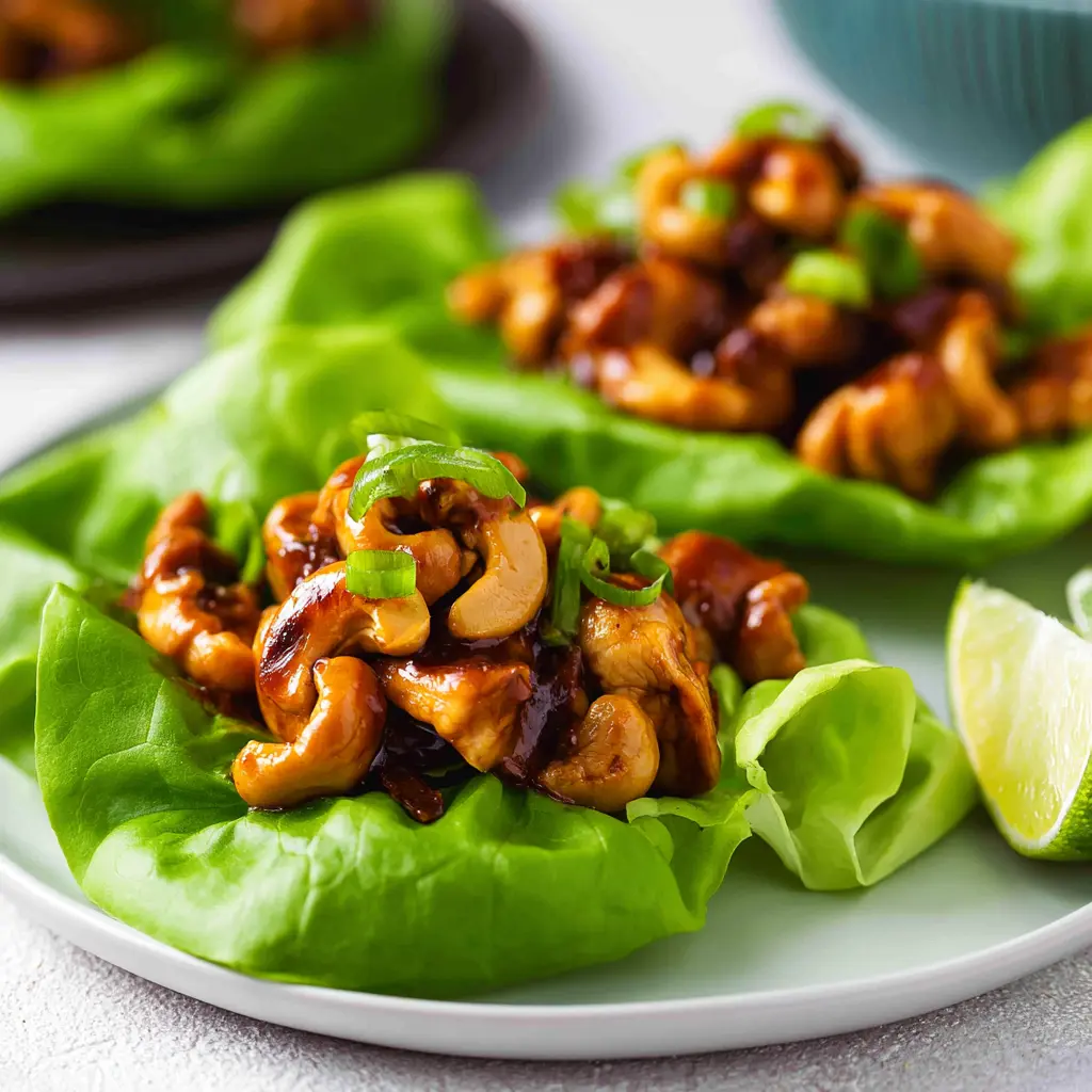 Cashew Chicken Lettuce Cups recipe, served and ready to eat, easy homemade dish
