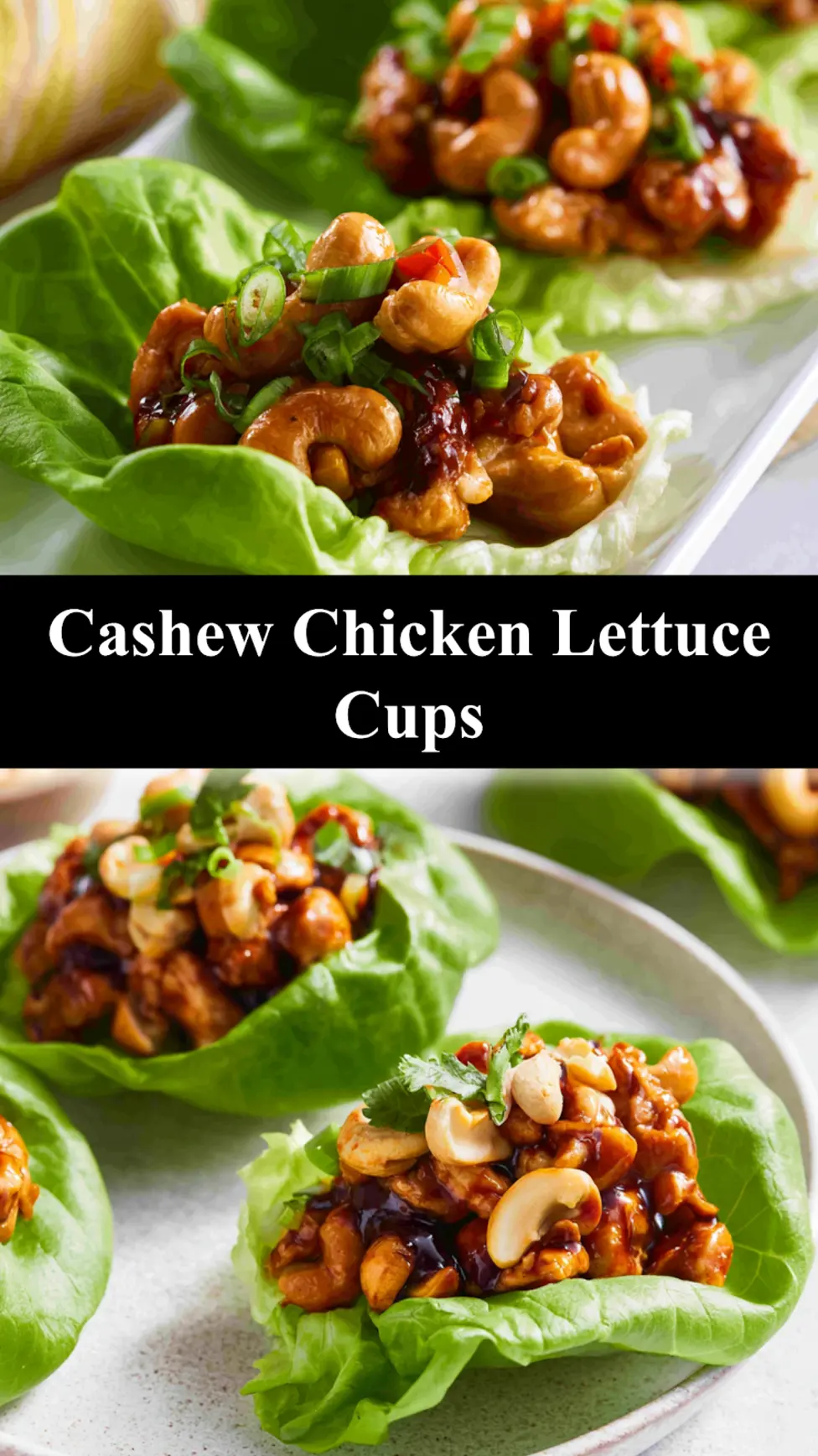 Cashew Chicken Lettuce Cups recipe, served and ready to eat, easy homemade dish_pin