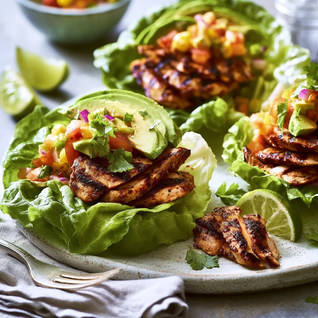 Chipotle Chicken Lettuce Cups Make Your New Favorite Fresh Easy Dinner 5 Chipotle Chicken Lettuce Cups served and ready to eat, made with grilled chipotle chicken thighs and fresh mango-avocado topping in butter lettuce cups