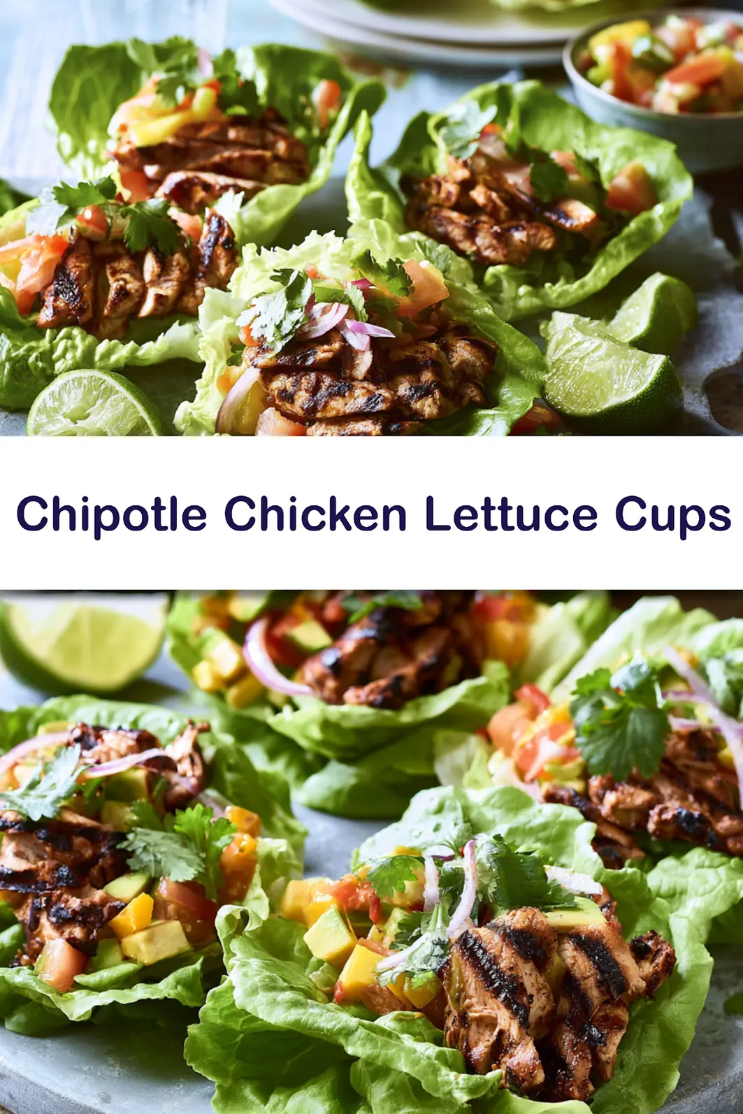 Chipotle Chicken Lettuce Cups Make Your New Favorite Fresh Easy Dinner 6 Chipotle Chicken Lettuce Cups recipe pin showing grilled chipotle chicken in butter lettuce with mango-avocado topping