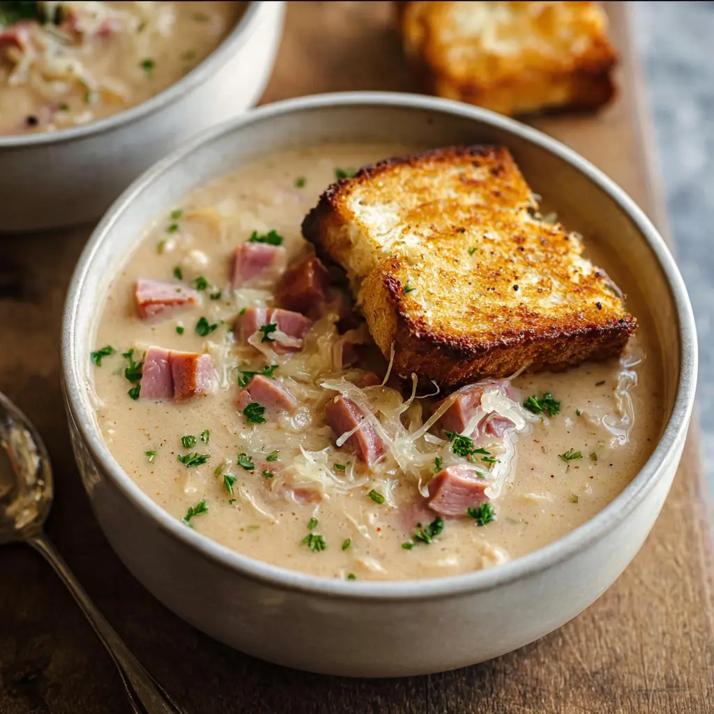 Creamy Reuben Soup recipe, served and ready to eat, easy homemade dish