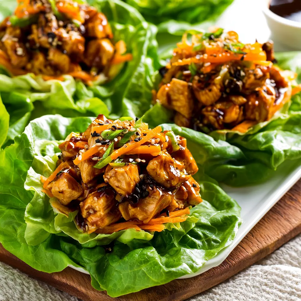 Hoisin Chicken Lettuce Cups served in fresh lettuce leaves, ready to eat