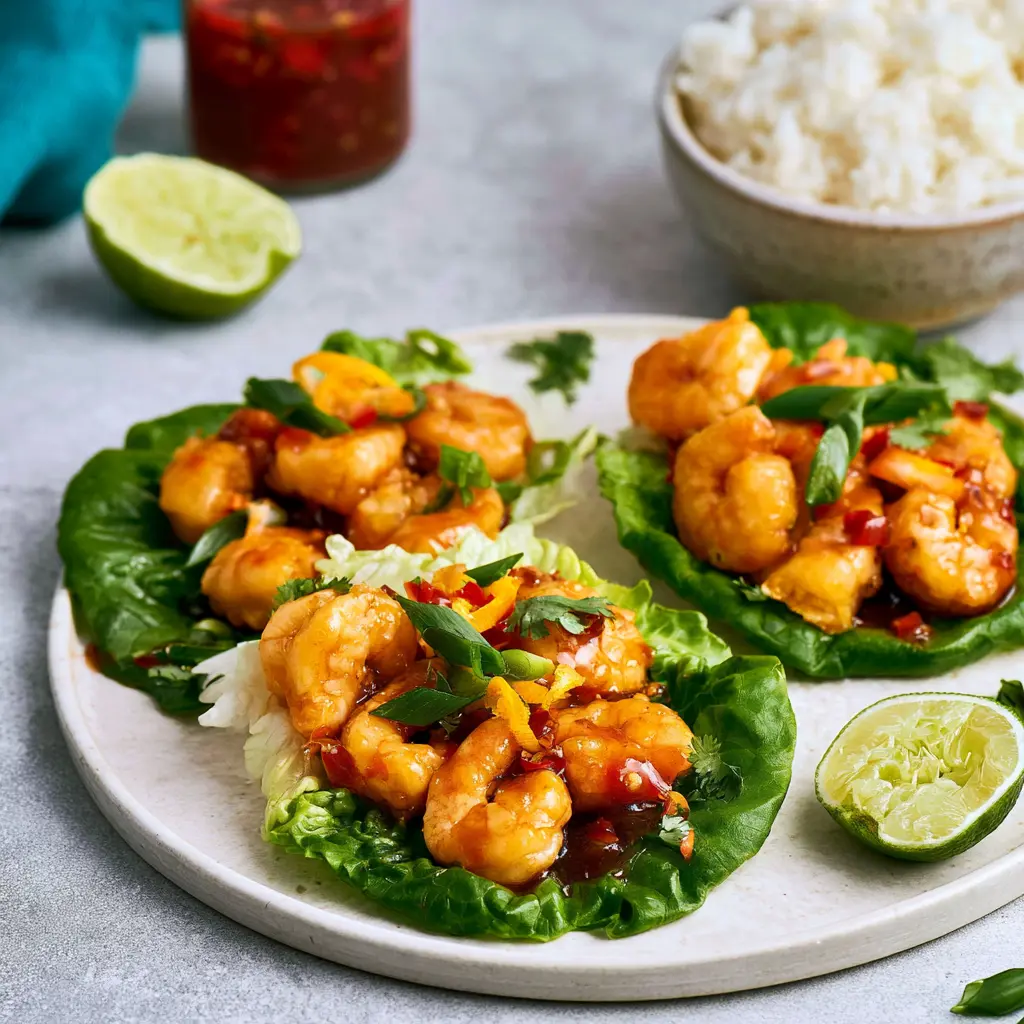 Honey Sriracha Shrimp Lettuce Wraps That Make Dinner Feel Special and New 5 Honey Sriracha Shrimp Lettuce Wraps served and ready to eat, easy homemade dish