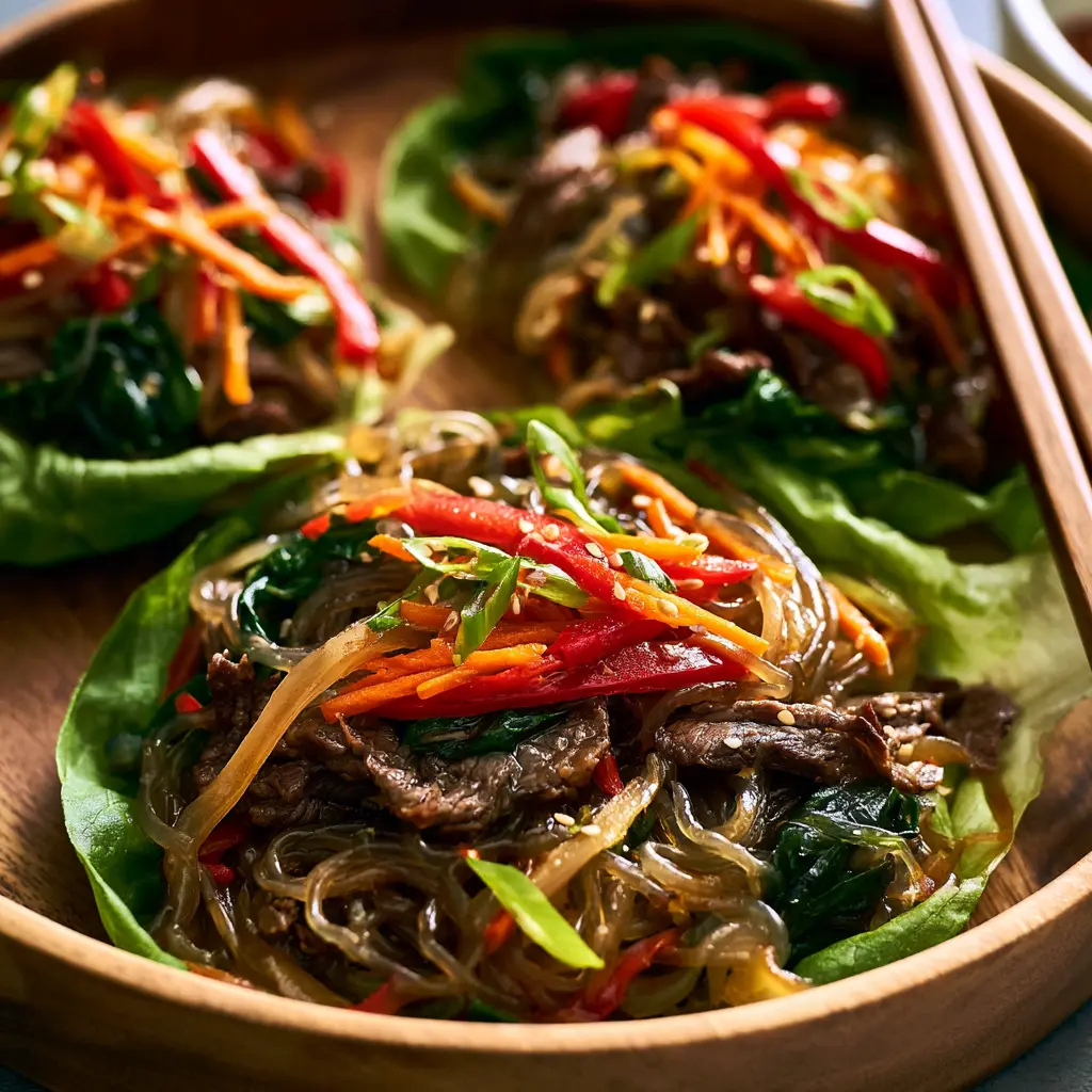 Japchae Beef Lettuce Cups Vibrant New Way to Make a Satisfying Dinner 5 Japchae Beef Lettuce Cups recipe, served and ready to eat, easy homemade dish