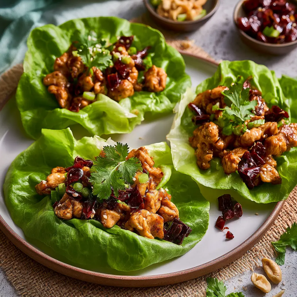 Kung Pao Chicken Lettuce Cups served and ready to eat, easy homemade dish