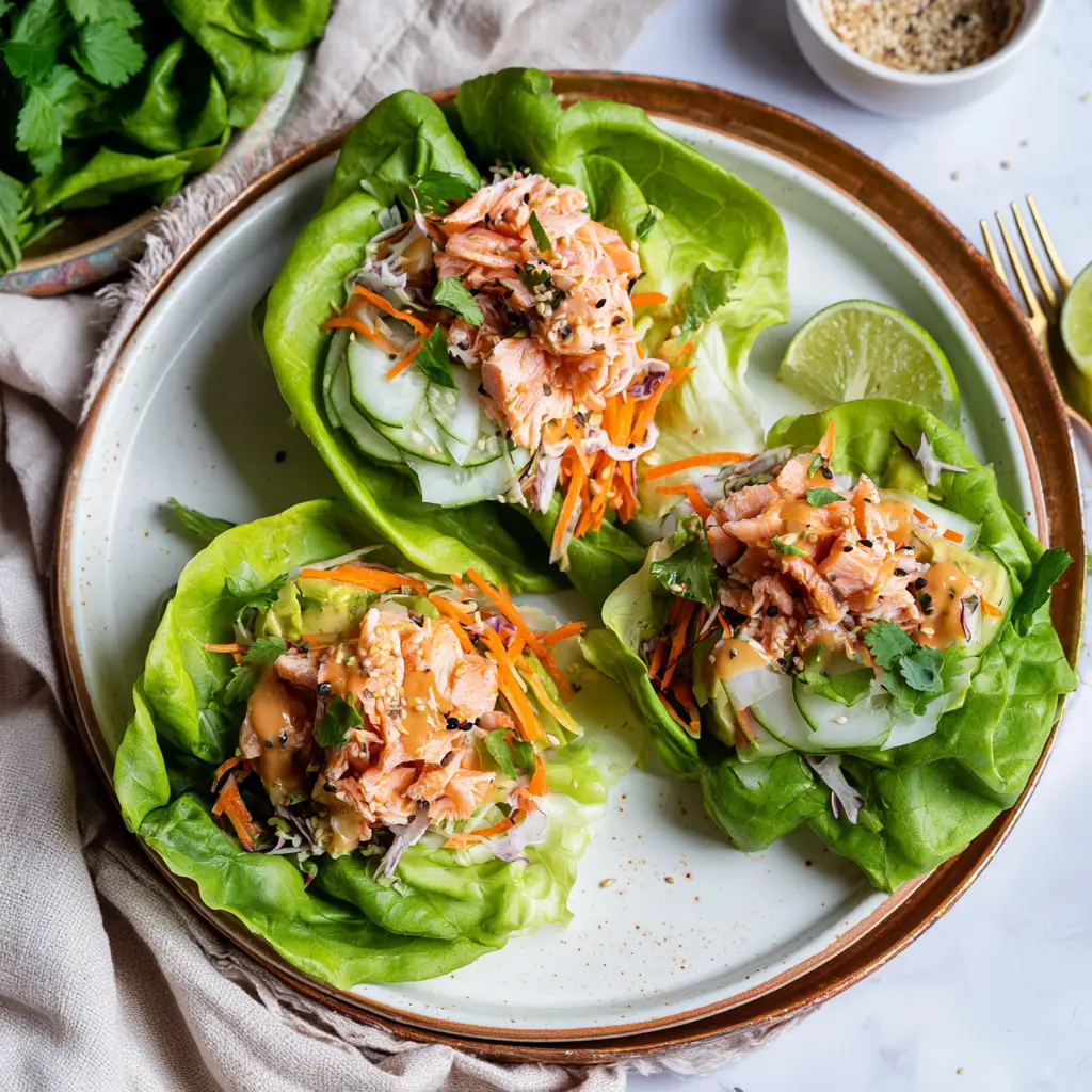 Miso salmon lettuce wraps served and ready to eat, an easy homemade weeknight dish